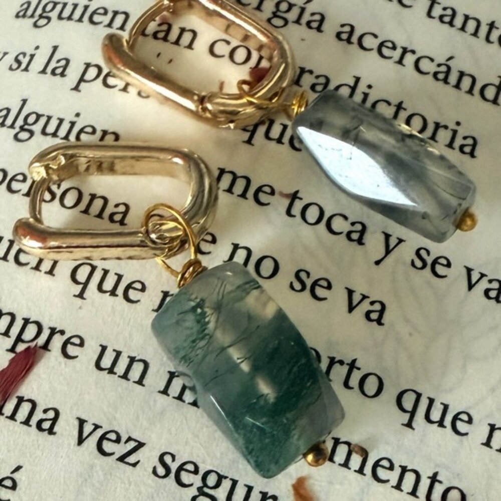 Chunky moss agate gold  vintage statement handmade earrings